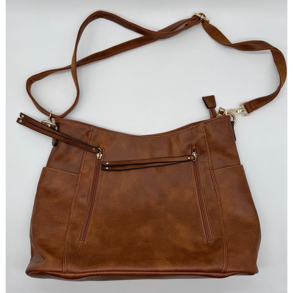 Brown FauxLeather Crossbody Shoulder Bag Multi Pocket Zip Purse Adjustable Strap